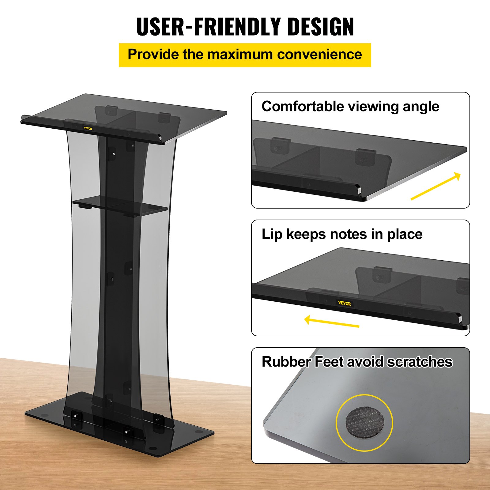 VEVOR acrylic pulpit with rubber feet, comfortable viewing angle, and note-keeping lip.