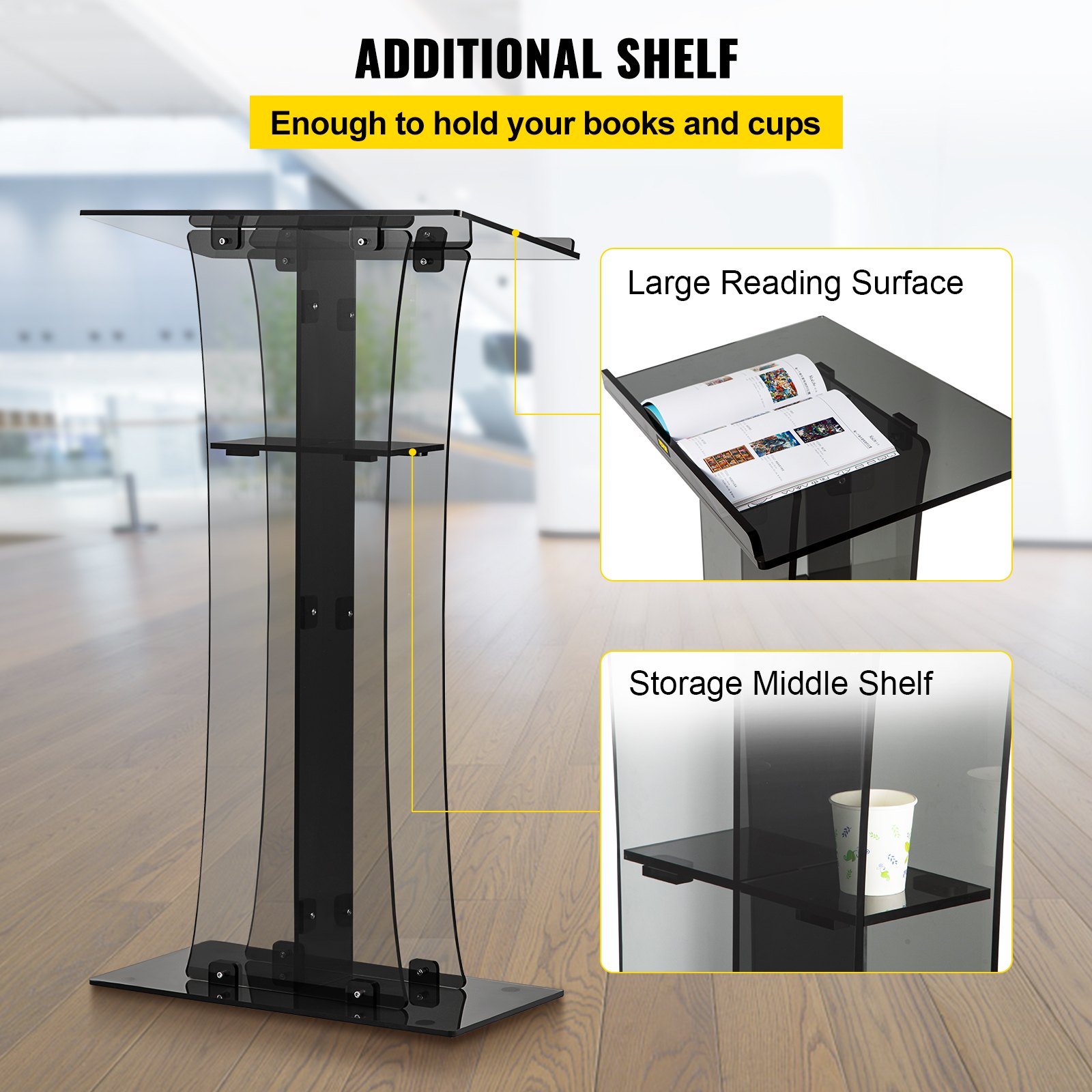 VEVOR acrylic pulpit with additional shelves for books and cups, large reading surface, storage middle shelf.