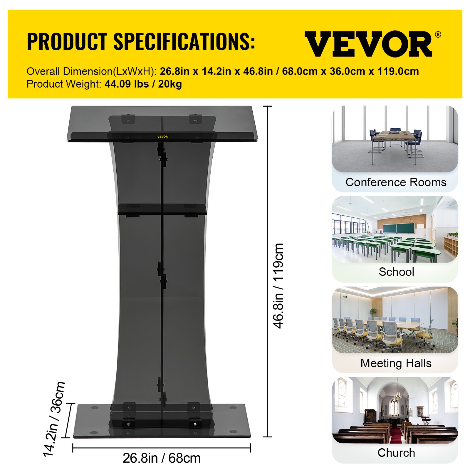 VEVOR acrylic pulpit dimensions and weight details; ideal for conference rooms, schools, meeting halls, church.