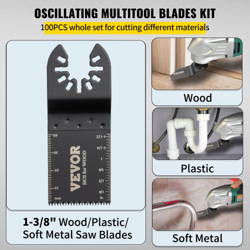 VEVOR 100PCS Oscillating Saw Blades, Quick Release Multitool Blades Kit, HCS Tool Blades for Wood Plastic Metal Nails Bolts, Compatible with Dewalt Dremel Fein Worx Bosch Makita Milwaukee