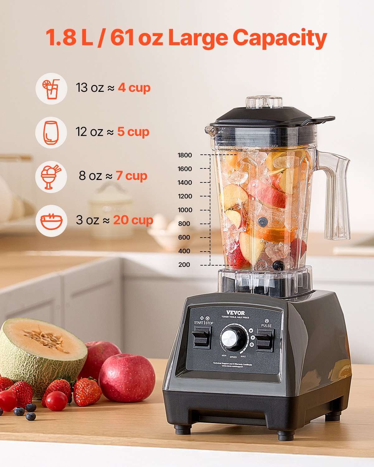 VEVOR Blender for Smoothies, 61 oz 1400W, Professional Blender with Powerful Motor, Multi-Functional Food Processing Blender for Smoothie/Milkshake/Juice, Fits for Kitchen