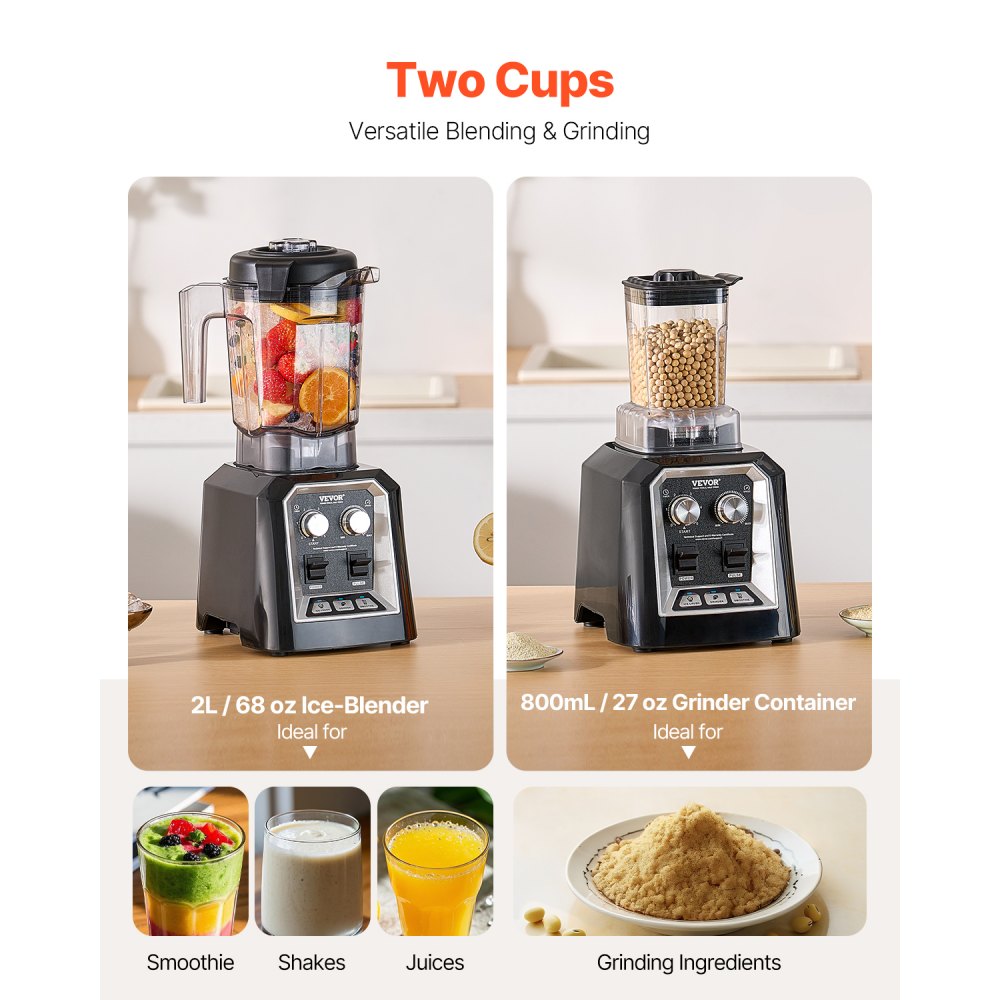 VEVOR Blender for Smoothies, 68 oz 1400W, Professional Blender with Powerful Motor, Multi-Functional Food Processing Blender with Grinder Container for Smoothie/Milkshake/Juice, Fits for Kitchen