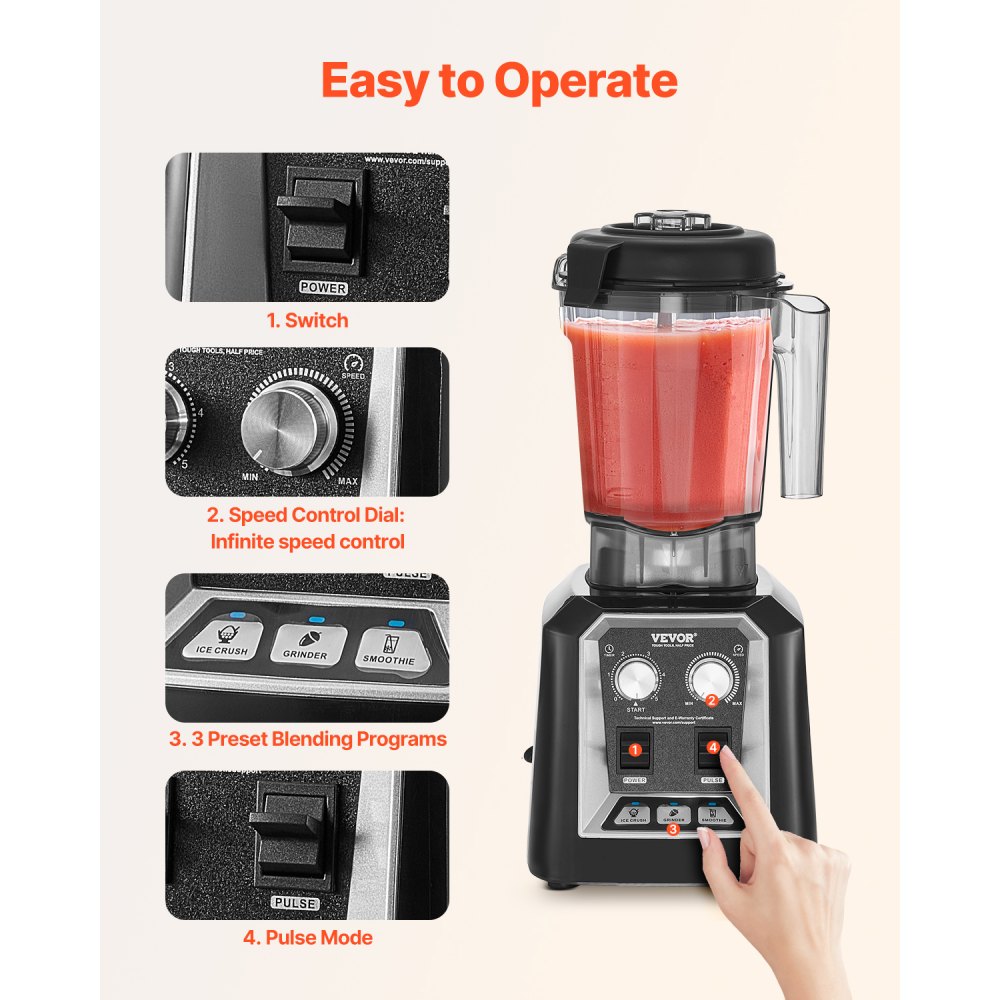 VEVOR Blender for Smoothies, 68 oz 1400W, Professional Blender with Powerful Motor, Multi-Functional Food Processing Blender with Grinder Container for Smoothie/Milkshake/Juice, Fits for Kitchen