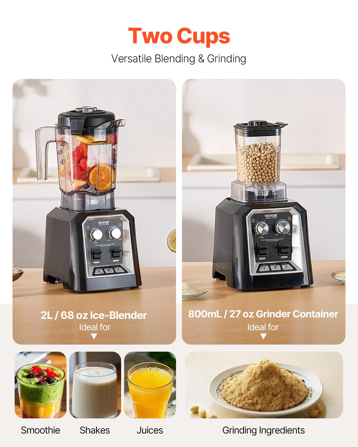 VEVOR Blender for Smoothies, 68 oz 1400W, Professional Blender with Powerful Motor, Multi-Functional Food Processing Blender with Grinder Container for Smoothie/Milkshake/Juice, Fits for Kitchen