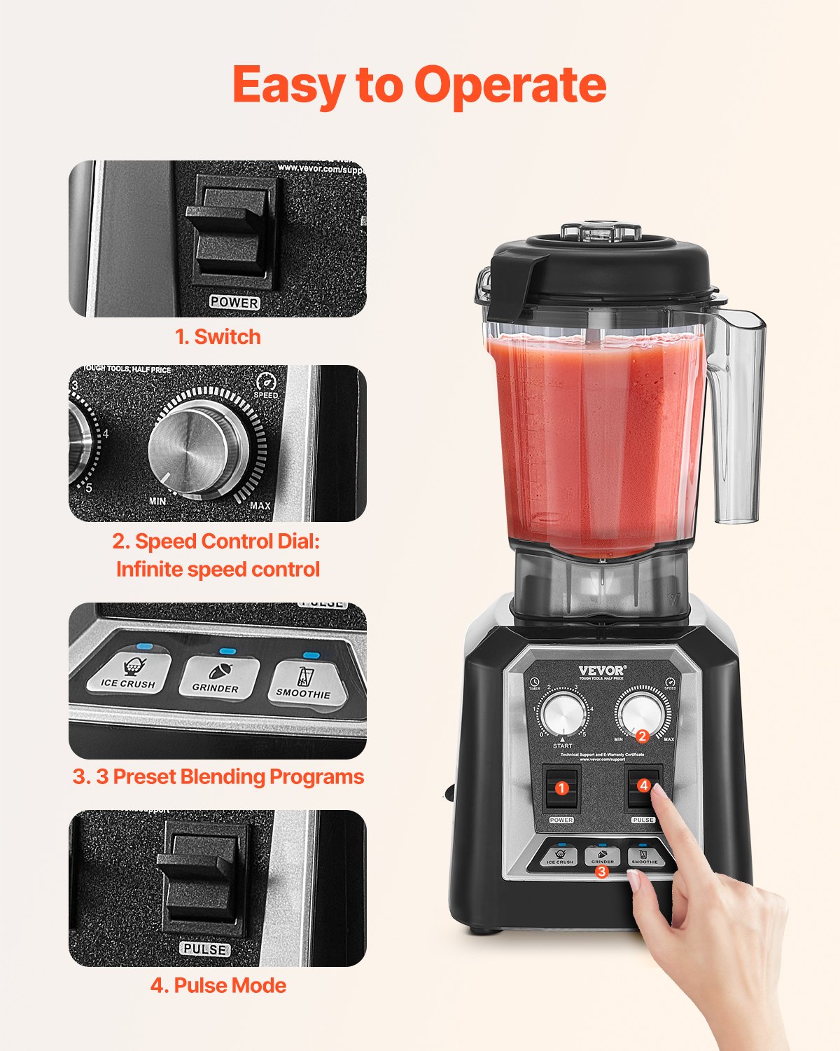 VEVOR Blender for Smoothies, 68 oz 1400W, Professional Blender with Powerful Motor, Multi-Functional Food Processing Blender with Grinder Container for Smoothie/Milkshake/Juice, Fits for Kitchen