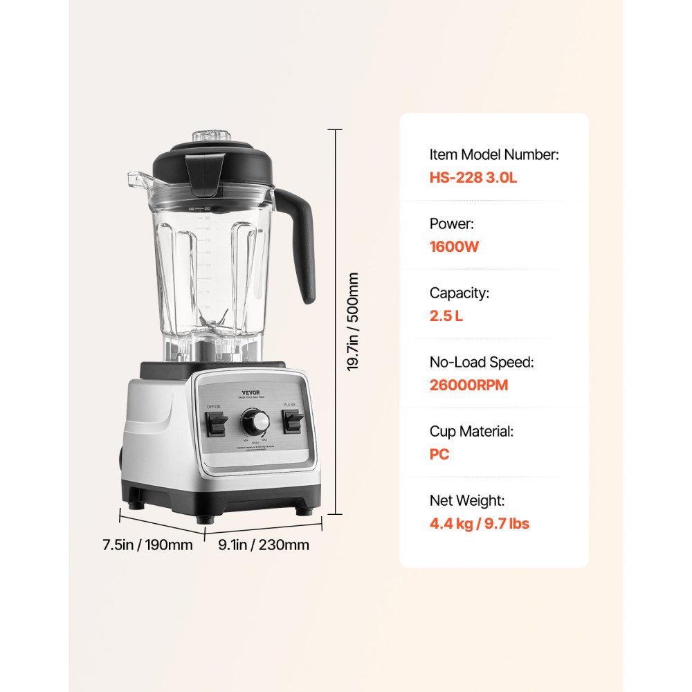 VEVOR Blender for Smoothies, 85 oz 1600W, Professional Blender with Powerful Motor, Multi-Functional Food Processing Blender for Smoothie/Milkshake/Juice, Fits for Kitchen