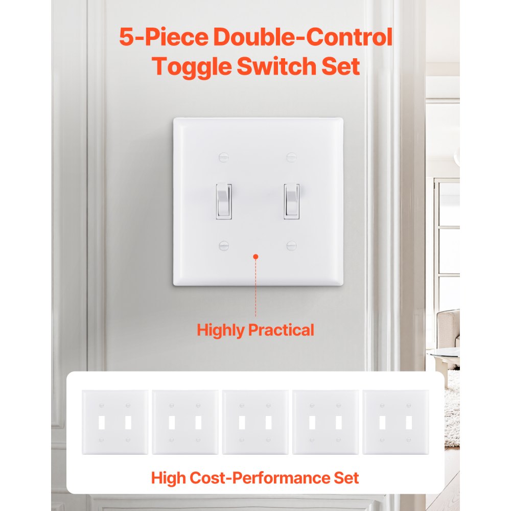 VEVOR Toggle Light Switch Wall Plates, 2-Gang Switch Electrical Outlet Covers, Standard Size 4.61in L x 4.53in H Unbreakable Polycarbonate Thermoplastic Faceplate for Receptacle Outlet&Switch(5 Pack, White)