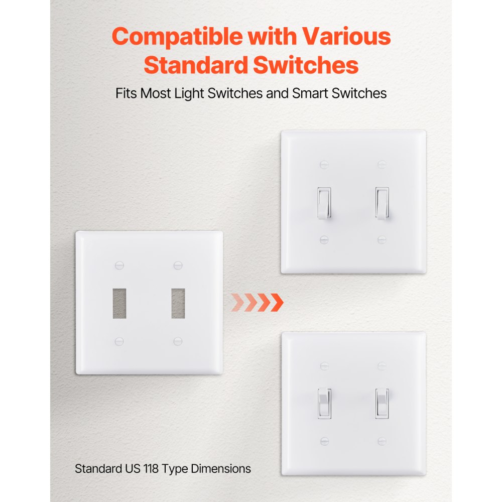VEVOR Toggle Light Switch Wall Plates, 2-Gang Switch Electrical Outlet Covers, Standard Size 4.61in L x 4.53in H Unbreakable Polycarbonate Thermoplastic Faceplate for Receptacle Outlet&Switch(5 Pack, White)