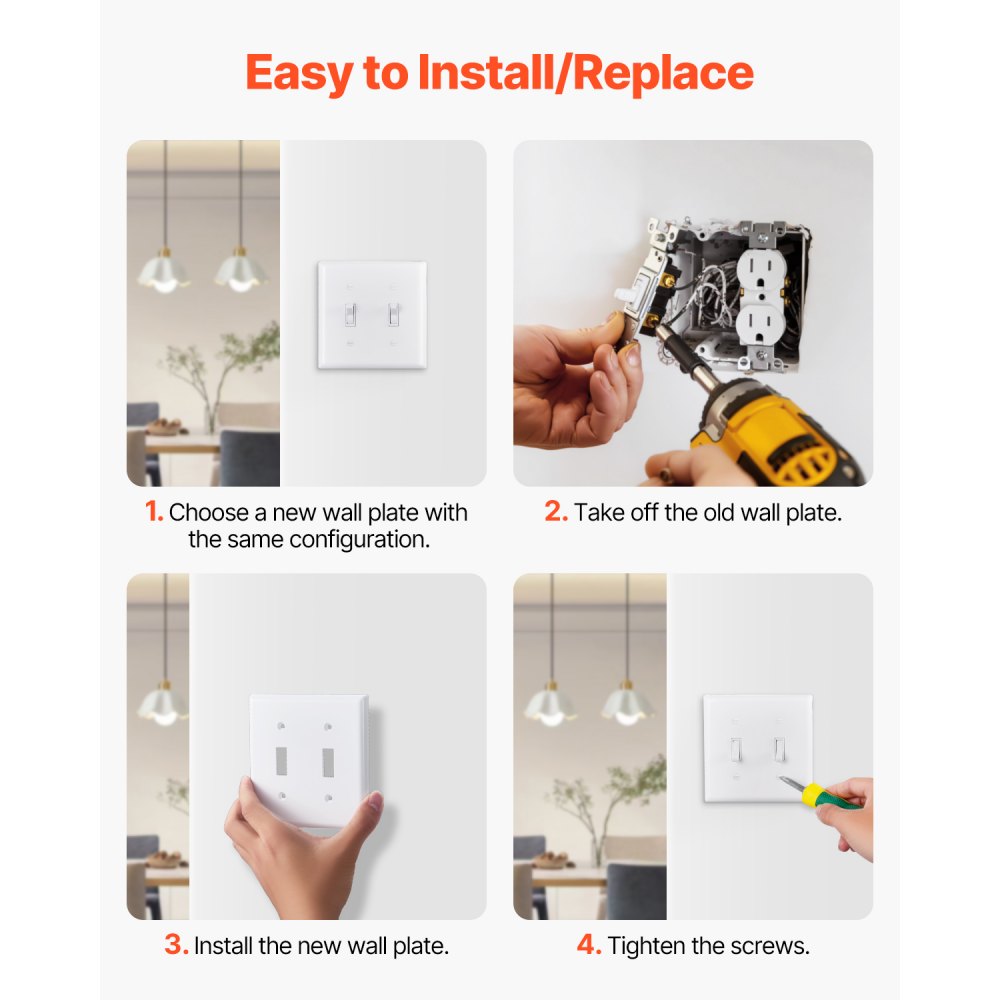 VEVOR Toggle Light Switch Wall Plates, 2-Gang Switch Electrical Outlet Covers, Standard Size 4.61in L x 4.53in H Unbreakable Polycarbonate Thermoplastic Faceplate for Receptacle Outlet&Switch(5 Pack, White)