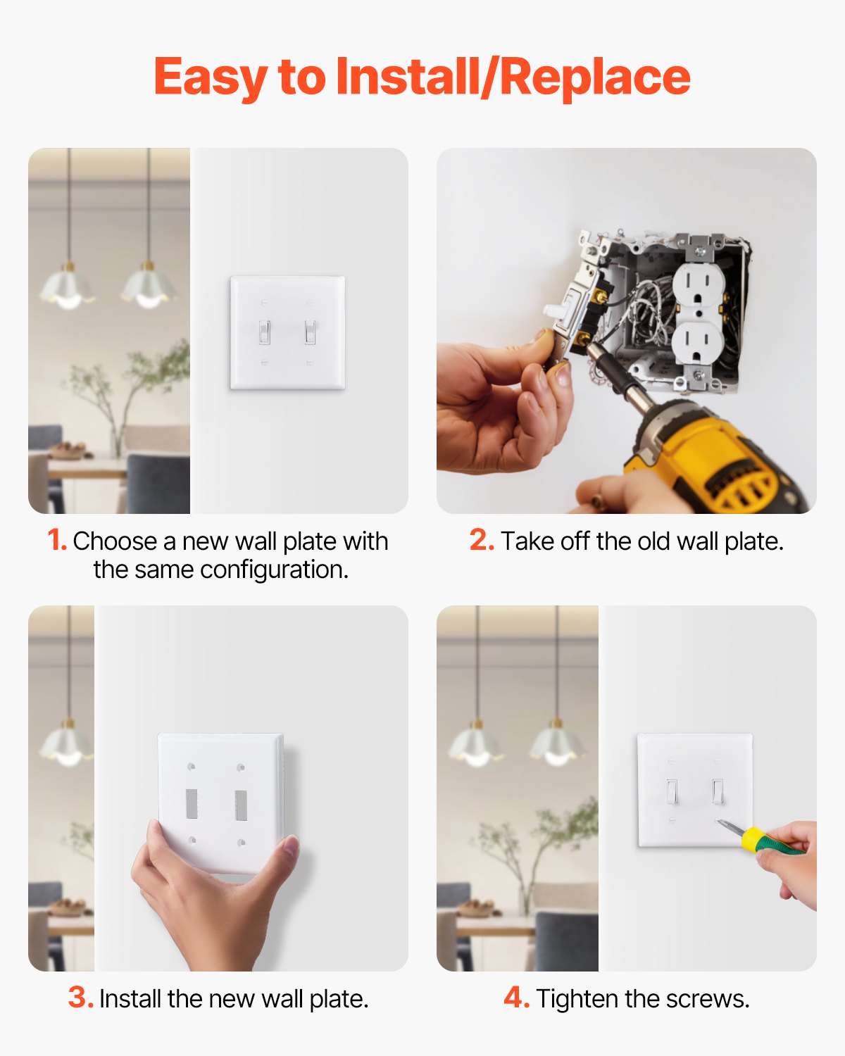 VEVOR Toggle Light Switch Wall Plates, 2-Gang Switch Electrical Outlet Covers, Standard Size 4.61in L x 4.53in H Unbreakable Polycarbonate Thermoplastic Faceplate for Receptacle Outlet&Switch(5 Pack, White)