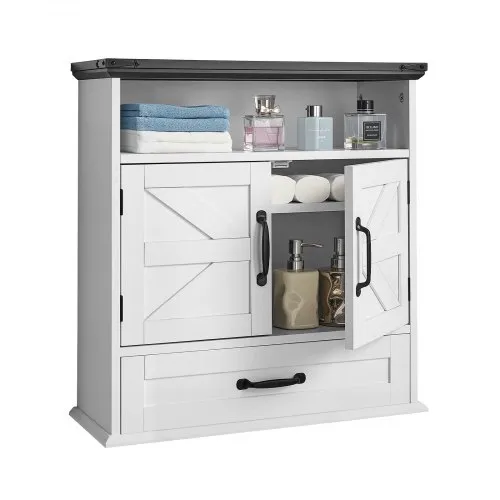 VEVOR Bathroom Wall Cabinet, 2 Doors & Adjustable Shelf, Over the Toilet Storage Medicine Cabinet Wall Mounted, Hanging Organizer with Drawer & Open Partition for Laundry Room Kitchen Restroom, White