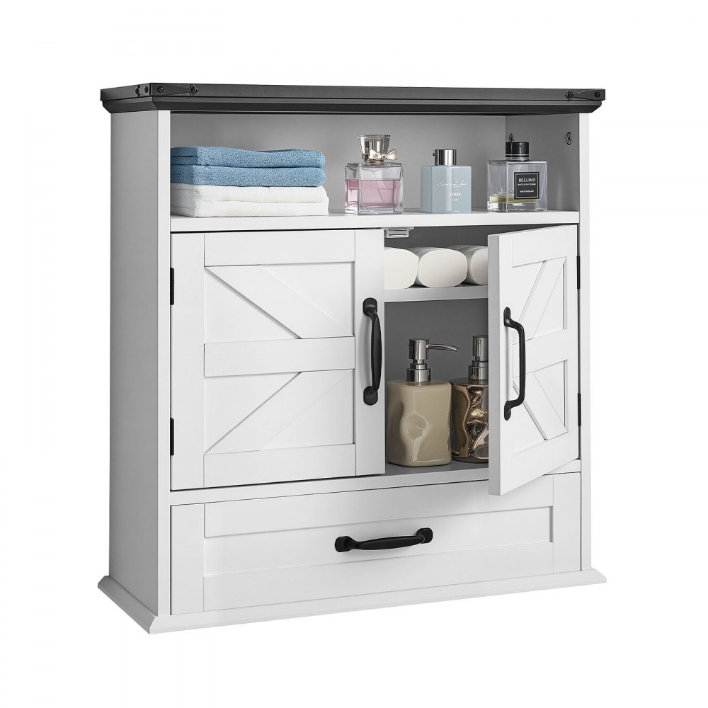 VEVOR Bathroom Wall Cabinet, 2 Doors & Adjustable Shelf, Over the Toilet Storage Medicine Cabinet Wall Mounted, Hanging Organizer with Drawer & Open Partition for Laundry Room Kitchen Restroom, White