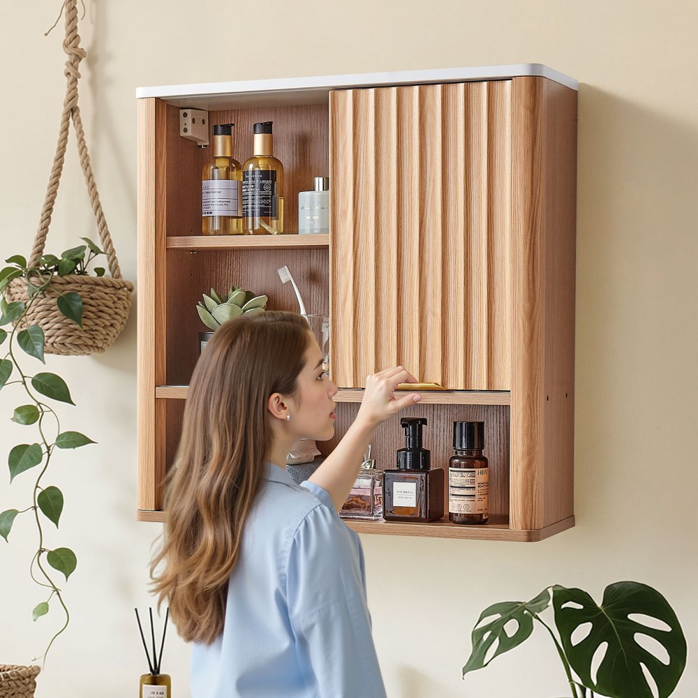 VEVOR Bathroom Wall Cabinet, with Door and Adjustable Shelf, Over the Toilet Storage Medicine Cabinet Wall Mounted, Hanging Organizer with Shelves and Open Partition for Laundry Room Kitchen Restroom