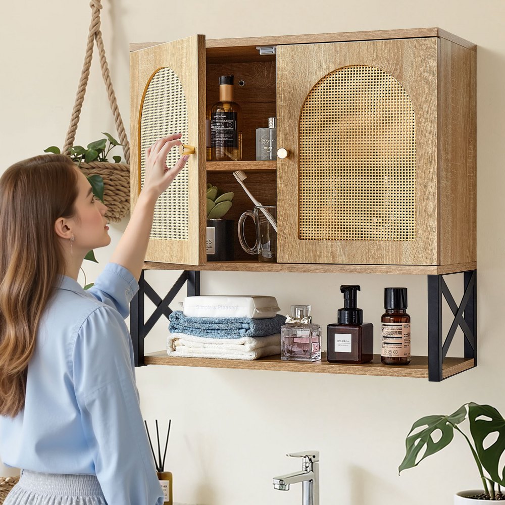 VEVOR Bathroom Wall Cabinet, with 2 Doors and Adjustable Shelf, Over the Toilet Storage Medicine Cabinet Wall Mounted, Hanging Organizer with Shelves & Open Partition for Laundry Room Kitchen Restroom