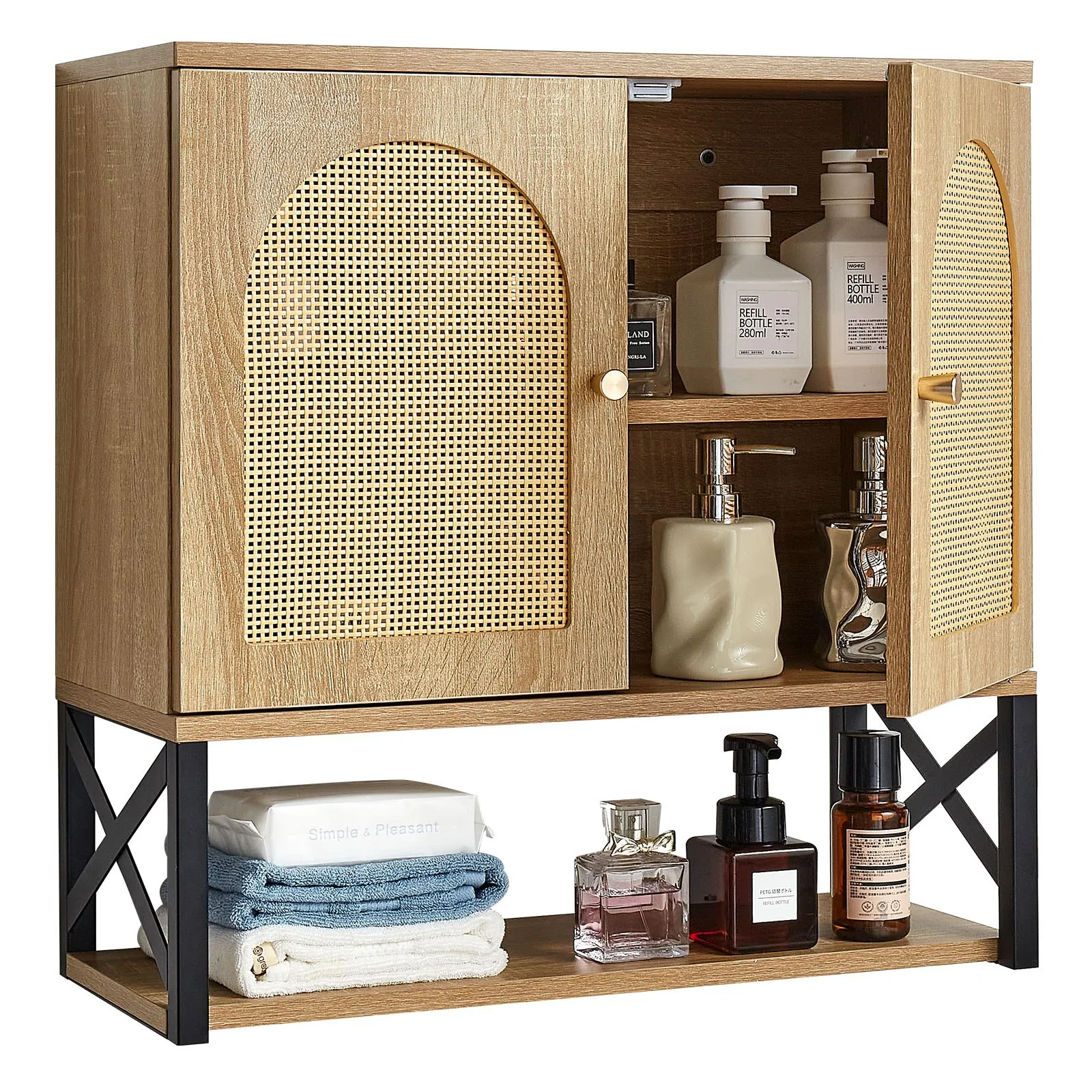 VEVOR Bathroom Wall Cabinet, with 2 Doors and Adjustable Shelf, Over the Toilet Storage Medicine Cabinet Wall Mounted, Hanging Organizer with Shelves & Open Partition for Laundry Room Kitchen Restroom