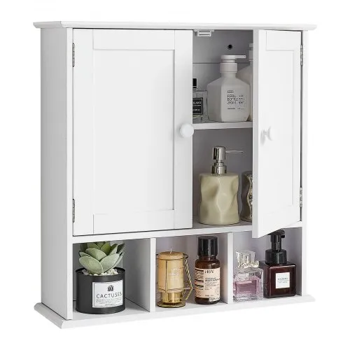 VEVOR Bathroom Wall Cabinet, 2 Doors & Adjustable Shelf, Over the Toilet Storage Medicine Cabinet Wall Mounted, Hanging Organizer with Shelves & Open Partition for Laundry Room Kitchen Restroom, White