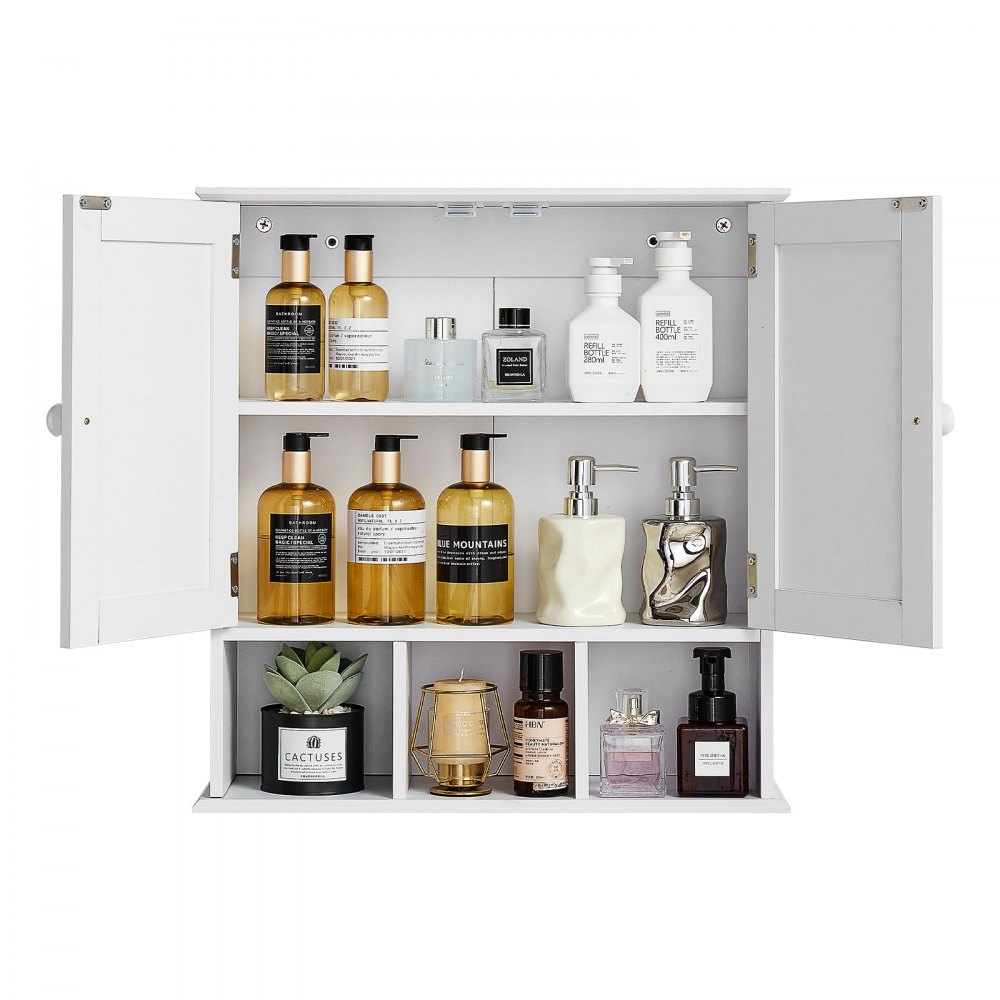 VEVOR Bathroom Wall Cabinet, 2 Doors & Adjustable Shelf, Over the Toilet Storage Medicine Cabinet Wall Mounted, Hanging Organizer with Shelves & Open Partition for Laundry Room Kitchen Restroom, White