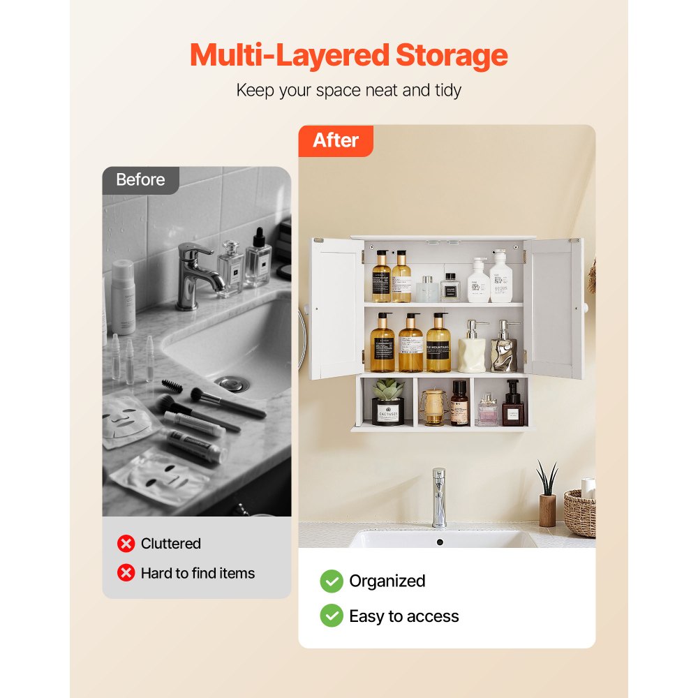 VEVOR Bathroom Wall Cabinet, 2 Doors & Adjustable Shelf, Over the Toilet Storage Medicine Cabinet Wall Mounted, Hanging Organizer with Shelves & Open Partition for Laundry Room Kitchen Restroom, White