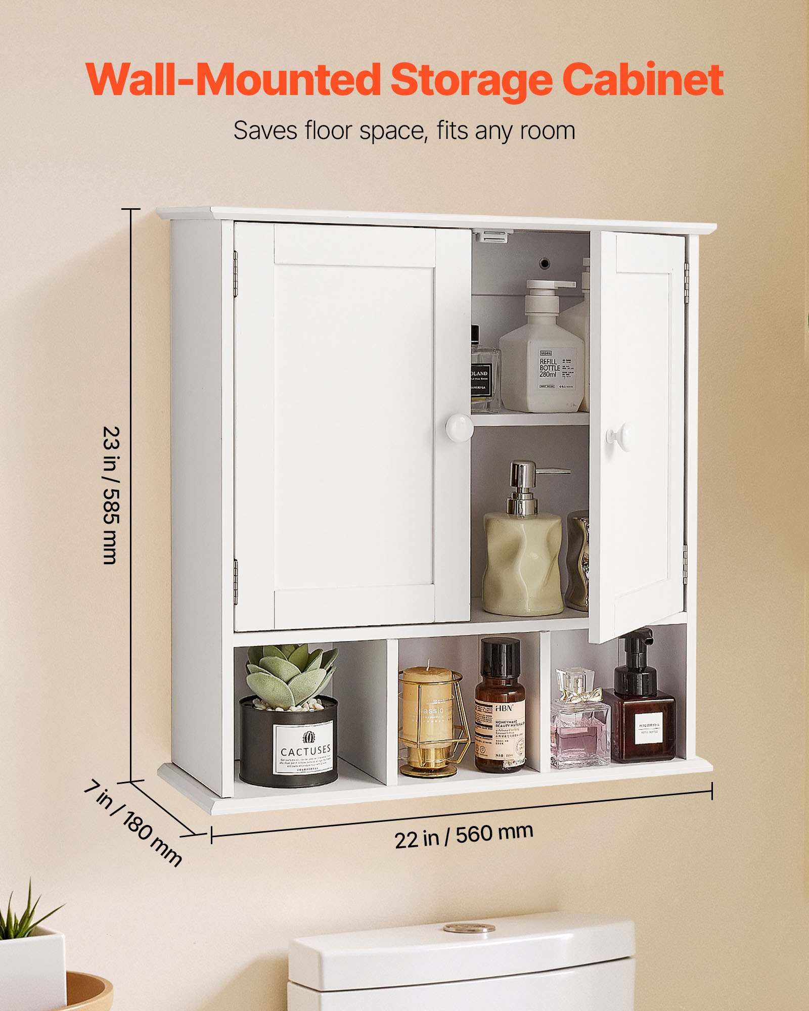 VEVOR Bathroom Wall Cabinet, 2 Doors & Adjustable Shelf, Over the Toilet Storage Medicine Cabinet Wall Mounted, Hanging Organizer with Shelves & Open Partition for Laundry Room Kitchen Restroom, White