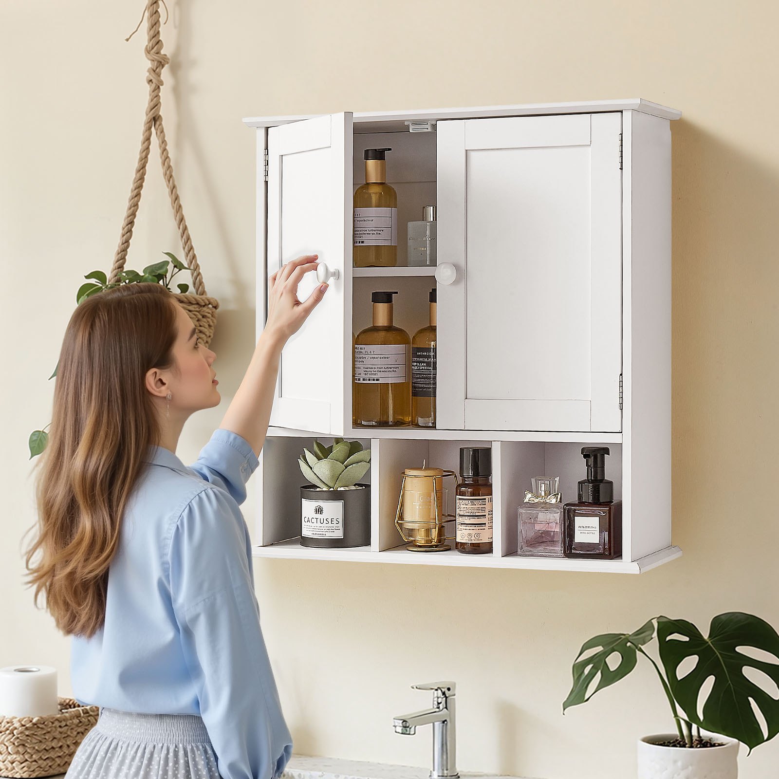 VEVOR Bathroom Wall Cabinet, 2 Doors & Adjustable Shelf, Over the Toilet Storage Medicine Cabinet Wall Mounted, Hanging Organizer with Shelves & Open Partition for Laundry Room Kitchen Restroom, White