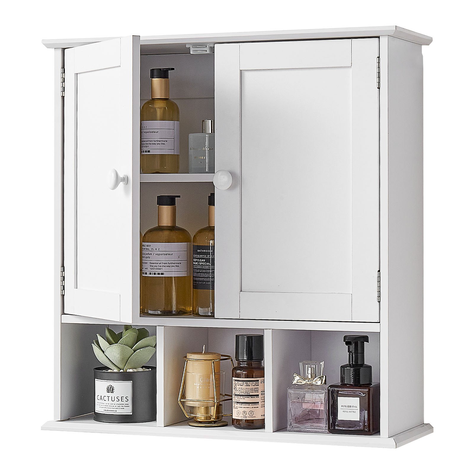 VEVOR Bathroom Wall Cabinet, 2 Doors & Adjustable Shelf, Over the Toilet Storage Medicine Cabinet Wall Mounted, Hanging Organizer with Shelves & Open Partition for Laundry Room Kitchen Restroom, White