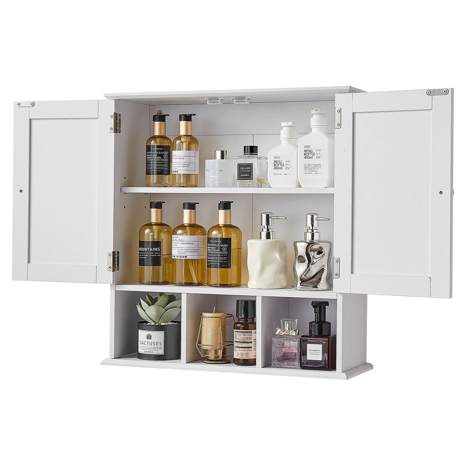 VEVOR Bathroom Wall Cabinet, 2 Doors & Adjustable Shelf, Over the Toilet Storage Medicine Cabinet Wall Mounted, Hanging Organizer with Shelves & Open Partition for Laundry Room Kitchen Restroom, White