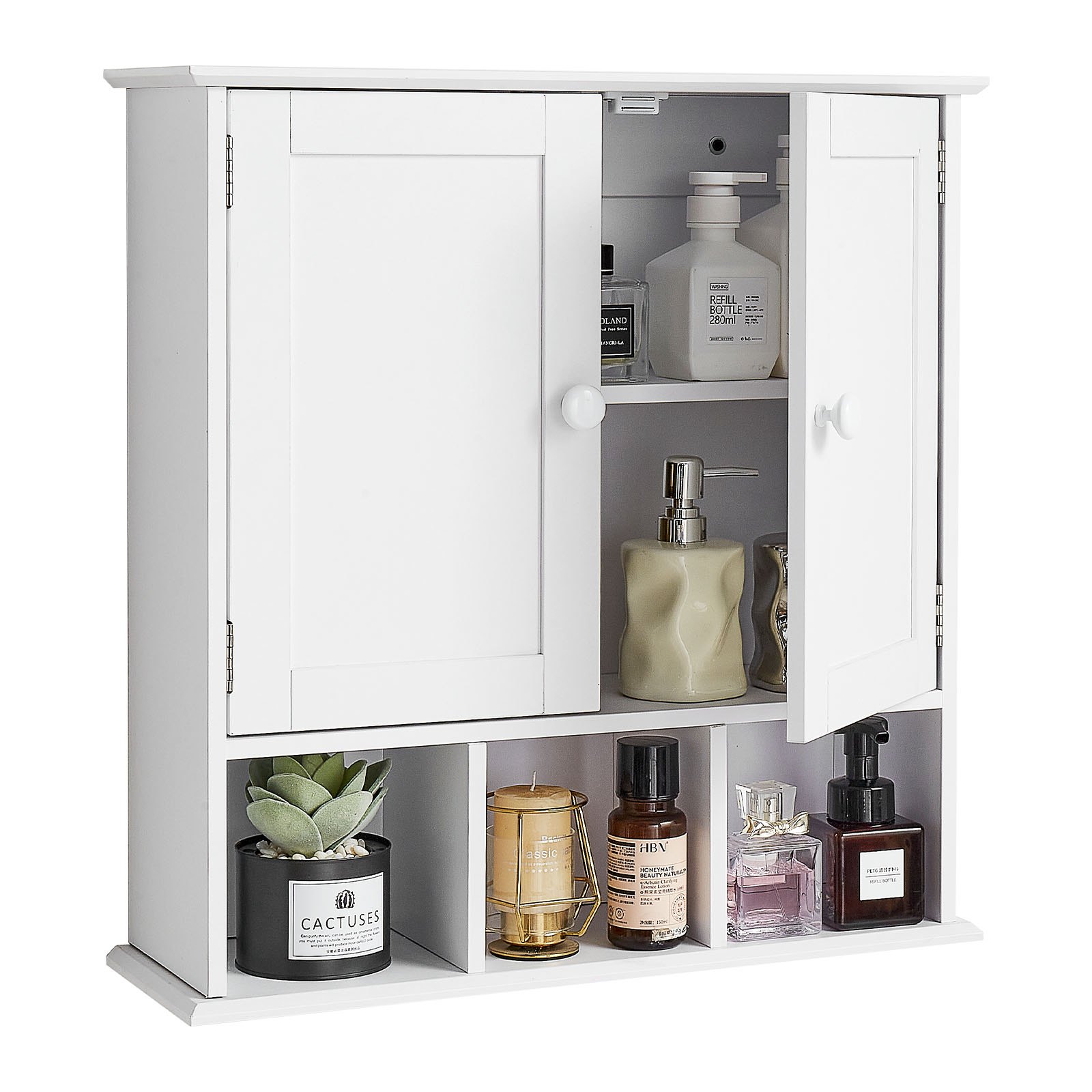 VEVOR Bathroom Wall Cabinet, 2 Doors & Adjustable Shelf, Over the Toilet Storage Medicine Cabinet Wall Mounted, Hanging Organizer with Shelves & Open Partition for Laundry Room Kitchen Restroom, White