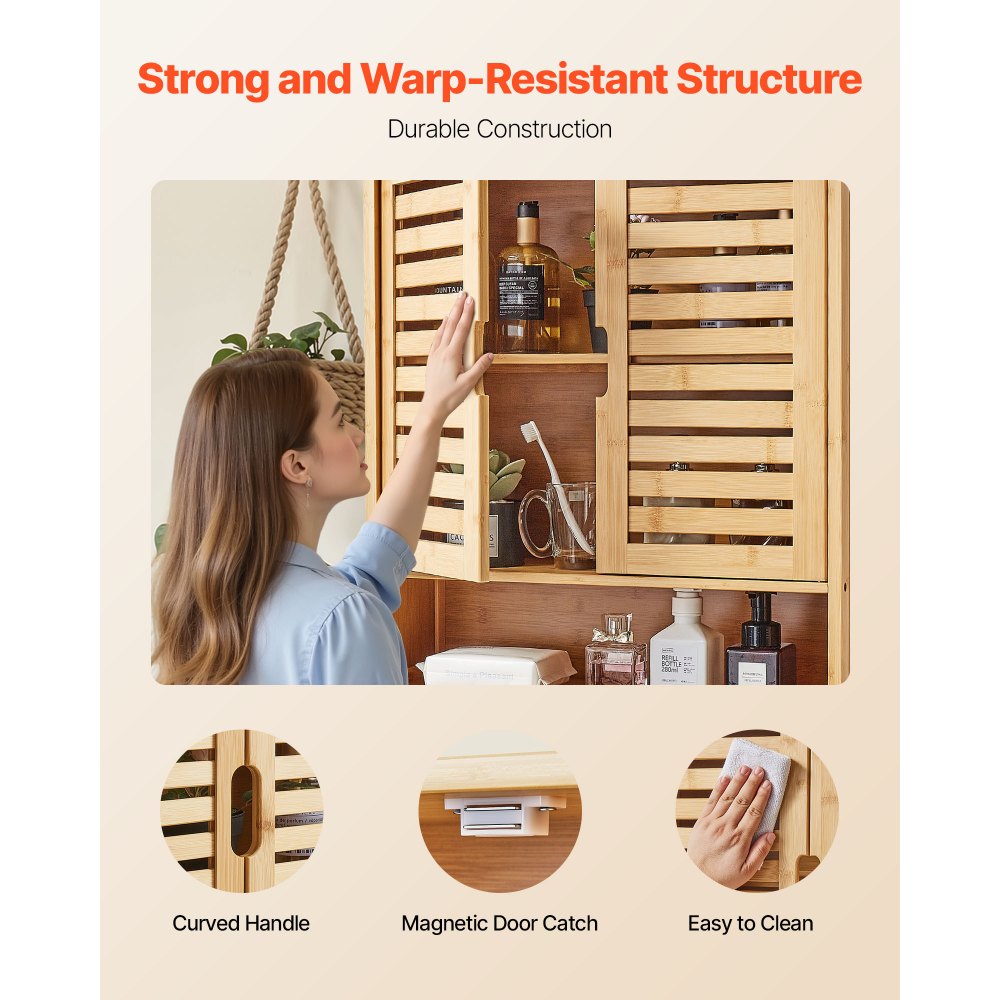 VEVOR Bathroom Wall Cabinet, 2 Doors and Adjustable Shelf, Over the Toilet Storage Medicine Cabinet Wall Mounted, Hanging Organizer with Shelves and Open Partition for Laundry Room Kitchen Restroom