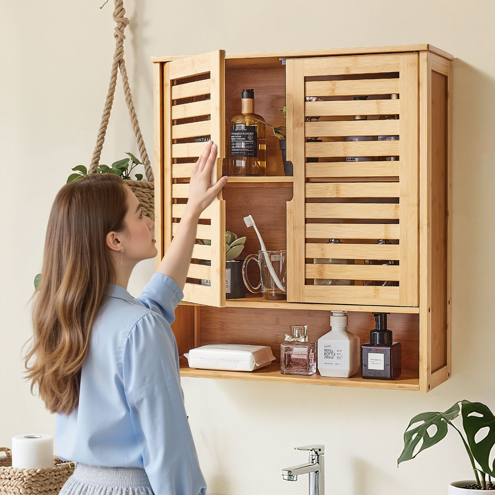 VEVOR Bathroom Wall Cabinet, 2 Doors and Adjustable Shelf, Over the Toilet Storage Medicine Cabinet Wall Mounted, Hanging Organizer with Shelves and Open Partition for Laundry Room Kitchen Restroom