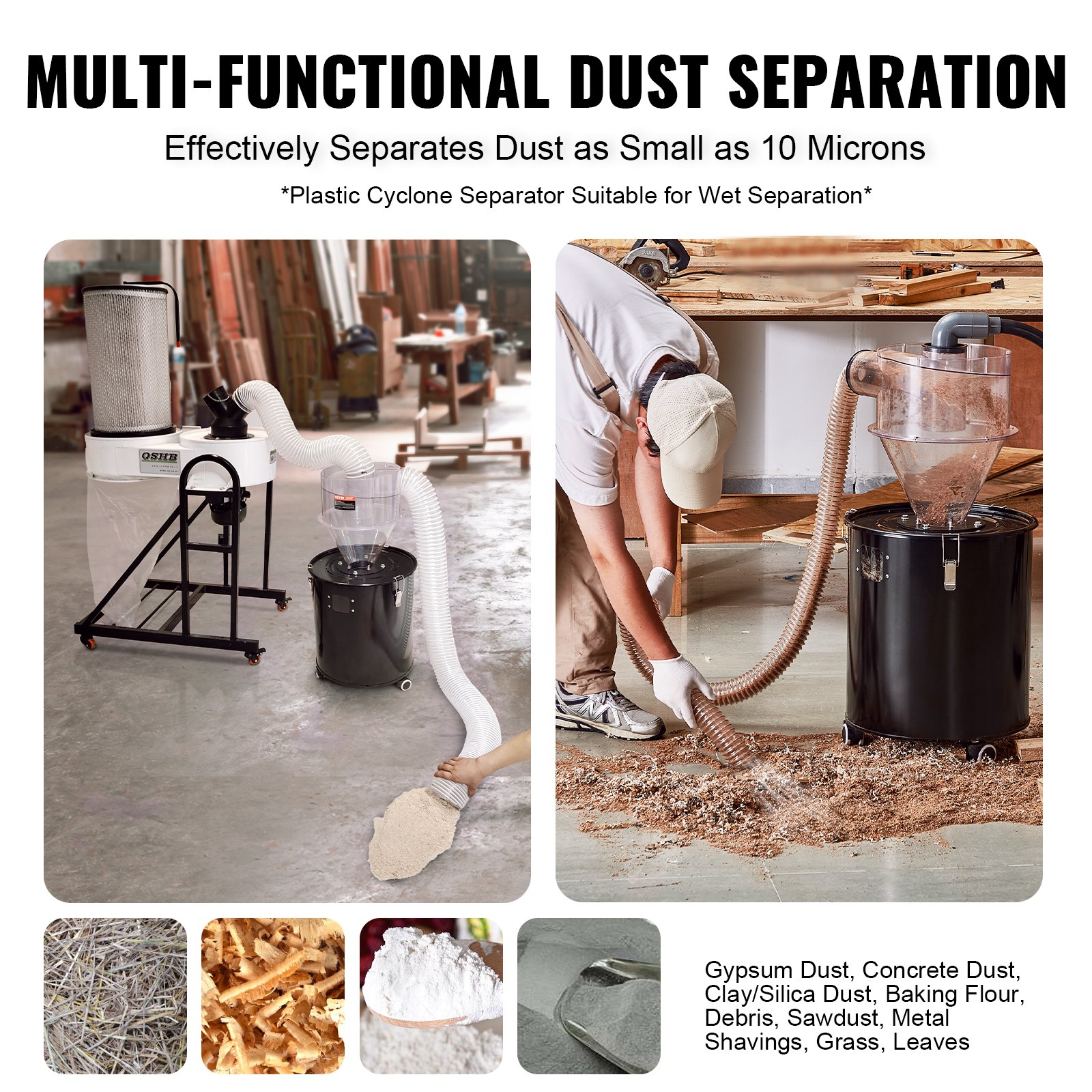 VEVOR Cyclone Dust Separator, 4" Retrofit Cyclone Separator for Dust Collectors, ABS Dust Deputy With 2" Hole O.D. Connector & Hose for Wet/Dry Shop Vacuums, Fits 18.9-37.85L Tank (Tank Exclude)