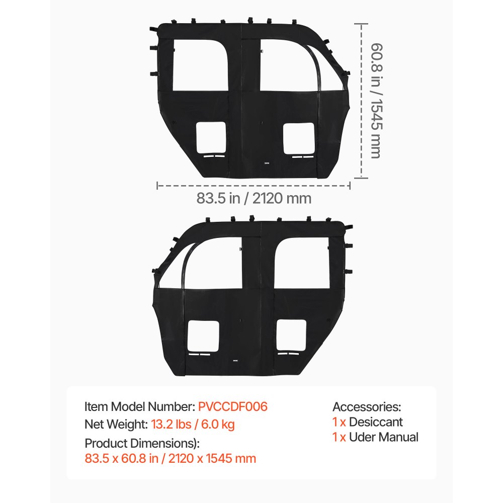 VEVOR Cab Enclosure Upper Doors, Compatible with CFMOTO Uforce 1000 XL 2022-2024, Soft Upper Doors, Windproof Waterproof Upgraded Zipper UTV Soft Side Window Kit, Fit with Side Mirrors and Windshields