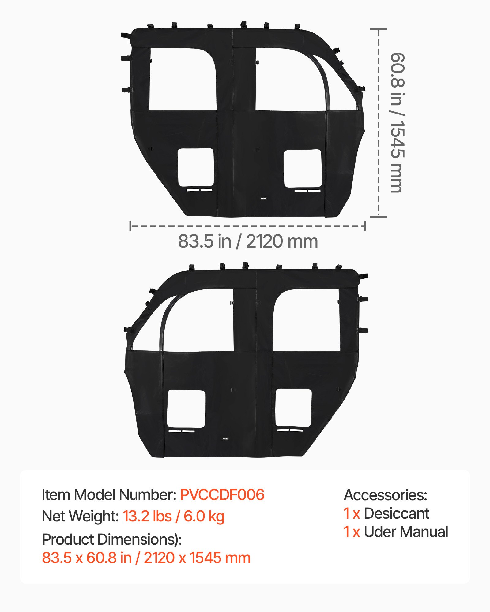 VEVOR Cab Enclosure Upper Doors, Compatible with CFMOTO Uforce 1000 XL 2022-2024, Soft Upper Doors, Windproof Waterproof Upgraded Zipper UTV Soft Side Window Kit, Fit with Side Mirrors and Windshields