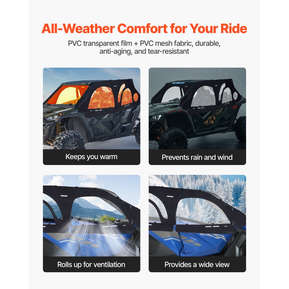 VEVOR Cab Enclosure Upper Doors, Compatible with Polaris RZR PRO 2020-2024/Polaris RZR Turbo2022-2024, Soft Upper Doors, Upgraded Zipper UTV Soft Side Window Kit, Fit with Side Mirrors and Windshields