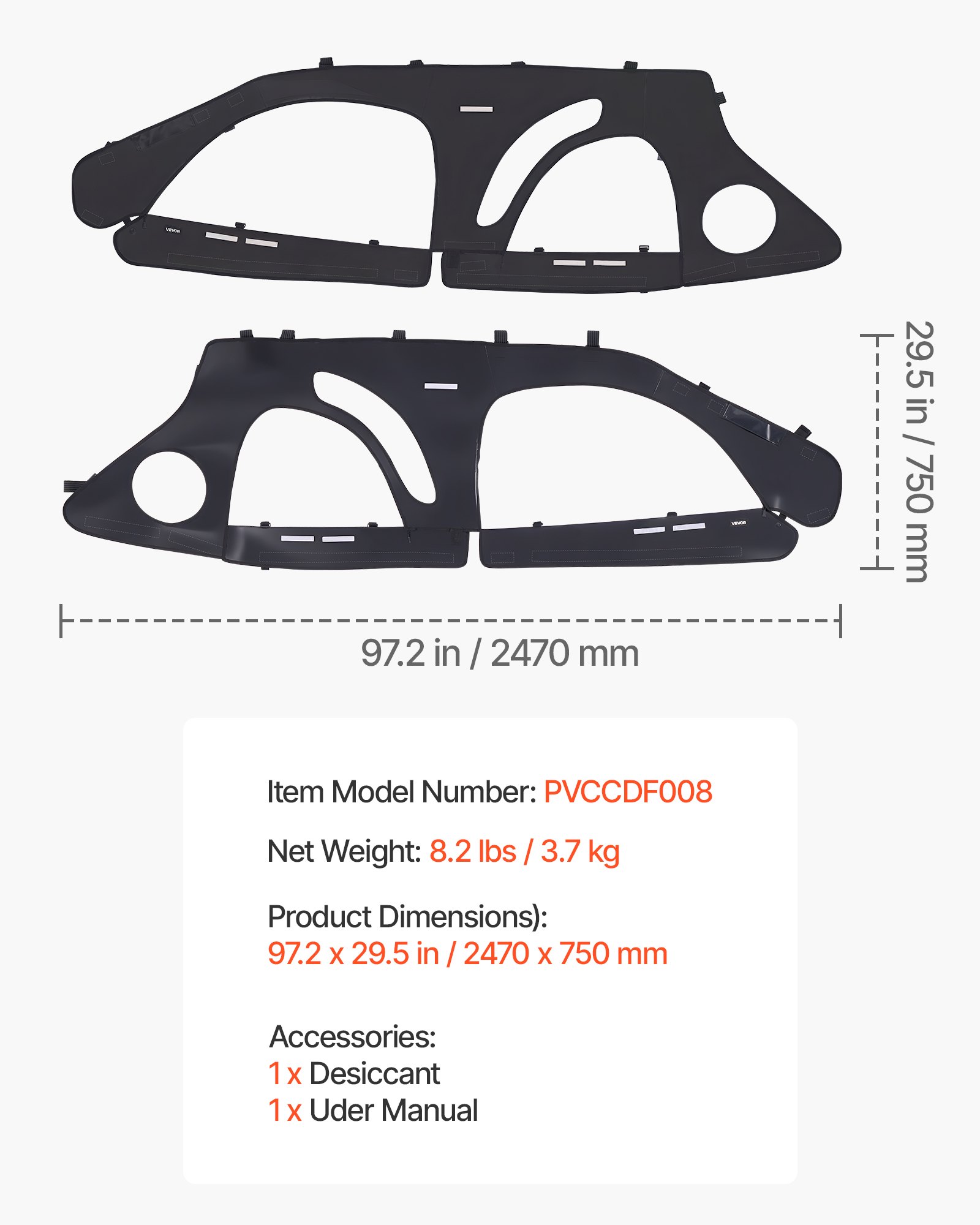VEVOR Cab Enclosure Upper Doors, Compatible with Polaris RZR PRO 2020-2024/Polaris RZR Turbo2022-2024, Soft Upper Doors, Upgraded Zipper UTV Soft Side Window Kit, Fit with Side Mirrors and Windshields
