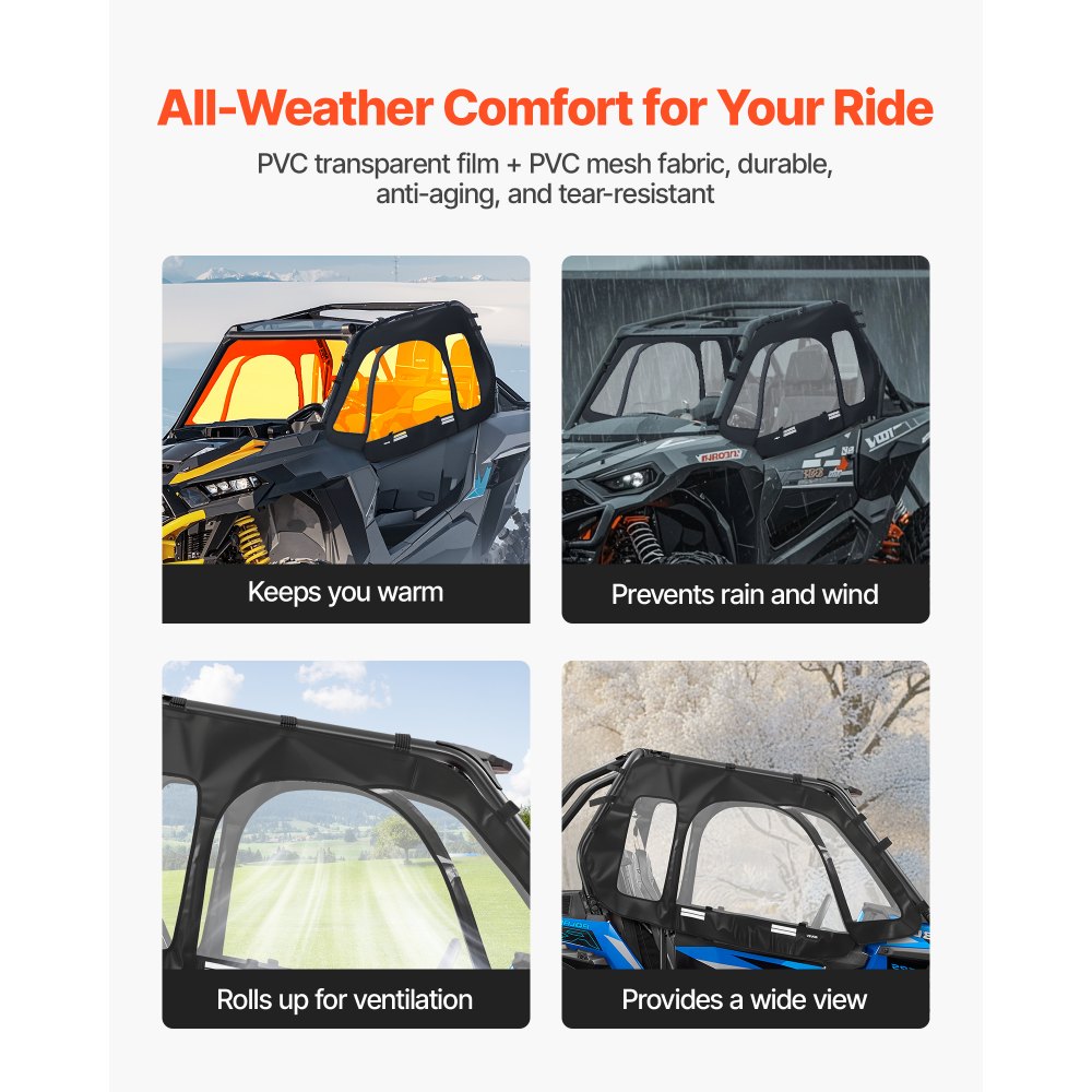 VEVOR Cab Enclosure Upper Doors, Compatible with Polaris RZR XP 1000/XP Turbo 2014-2023, Soft Upper Doors, Windproof Upgraded Zipper UTV Soft Side Window Kit, Work with Side Mirrors and Windshields