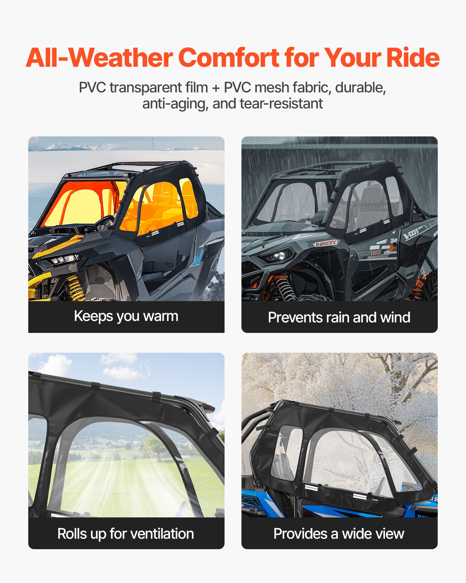 VEVOR Cab Enclosure Upper Doors, Compatible with Polaris RZR XP 1000/XP Turbo 2014-2023, Soft Upper Doors, Windproof Upgraded Zipper UTV Soft Side Window Kit, Work with Side Mirrors and Windshields