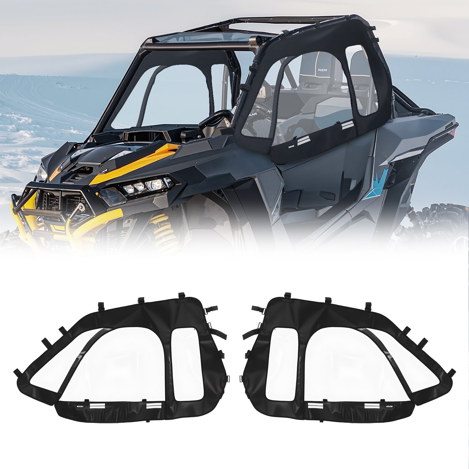 VEVOR Cab Enclosure Upper Doors, Compatible with Polaris RZR XP 1000/XP Turbo 2014-2023, Soft Upper Doors, Windproof Upgraded Zipper UTV Soft Side Window Kit, Work with Side Mirrors and Windshields