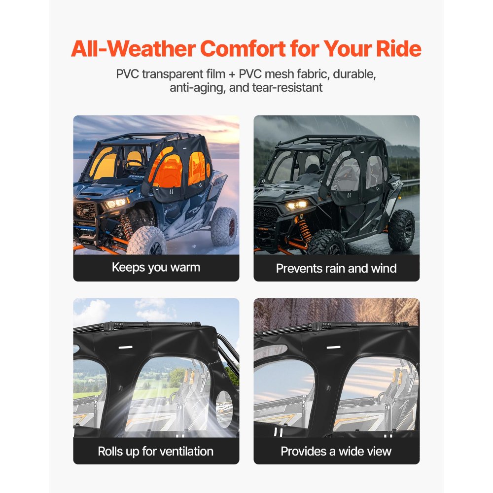 VEVOR Cab Enclosure Upper Doors, Compatible with Polaris RZR XP4 1000/Turbo 2014-2023, Soft Upper Doors, Windproof Upgraded Zipper UTV Soft Side Window Kit, Work with Side Mirrors and Windshields