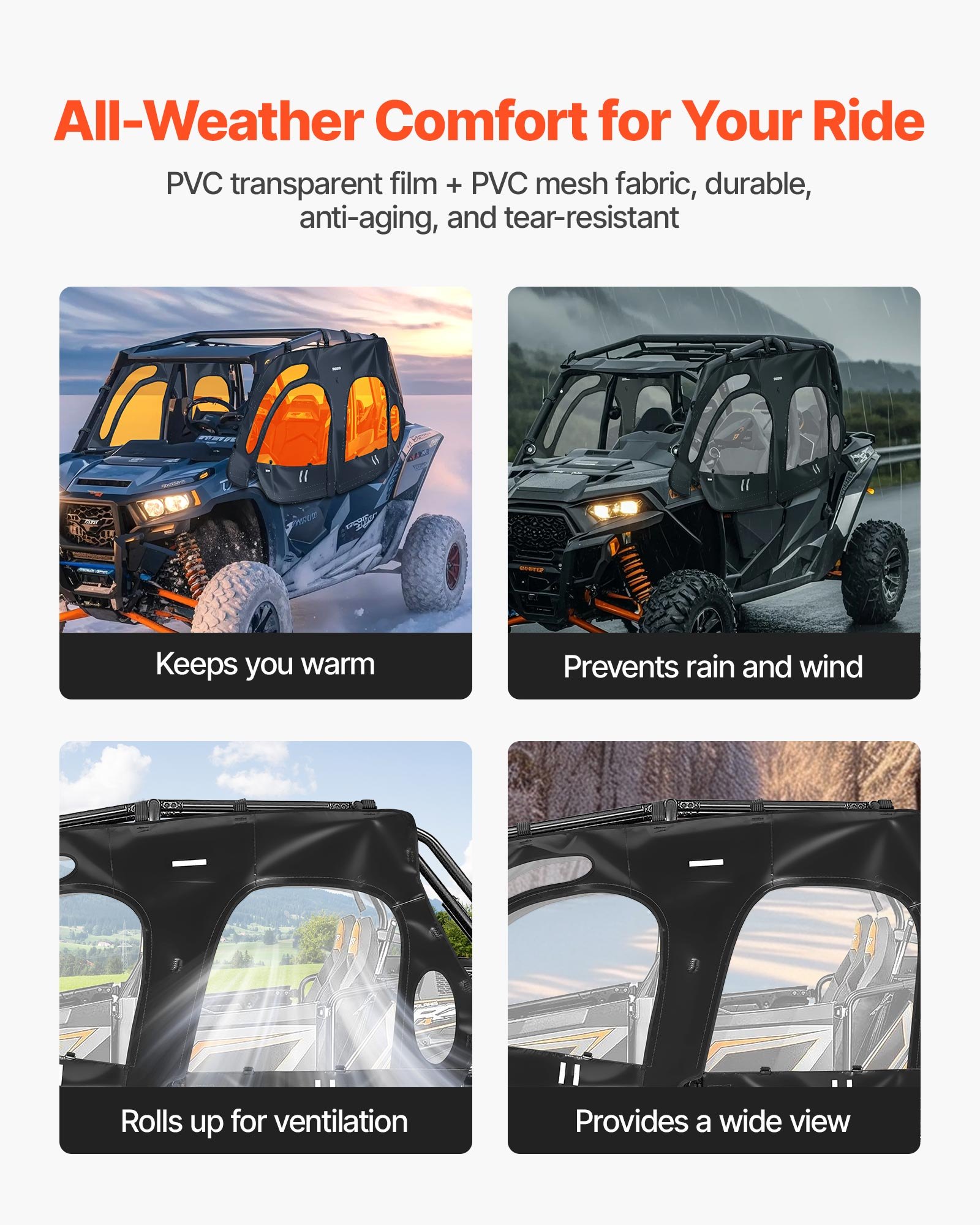 VEVOR Cab Enclosure Upper Doors, Compatible with Polaris RZR XP4 1000/Turbo 2014-2023, Soft Upper Doors, Windproof Upgraded Zipper UTV Soft Side Window Kit, Work with Side Mirrors and Windshields