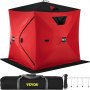 VEVOR ice fishing shelter in red includes storage bag, ropes, and anchors.