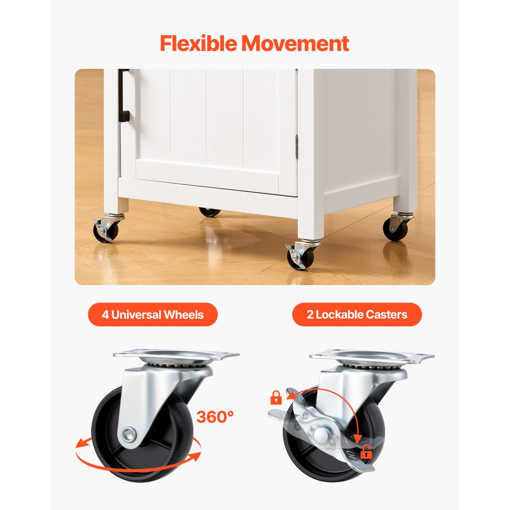 VEVOR Kitchen Island Cart with Single Door Cabinet, Mobile Carts with Drawer, Towel Rack, Hooks, Portable Table on Swivel Wheels, Small Coffee Islands Microwave Stand for Dining Room, 45x59cm, White