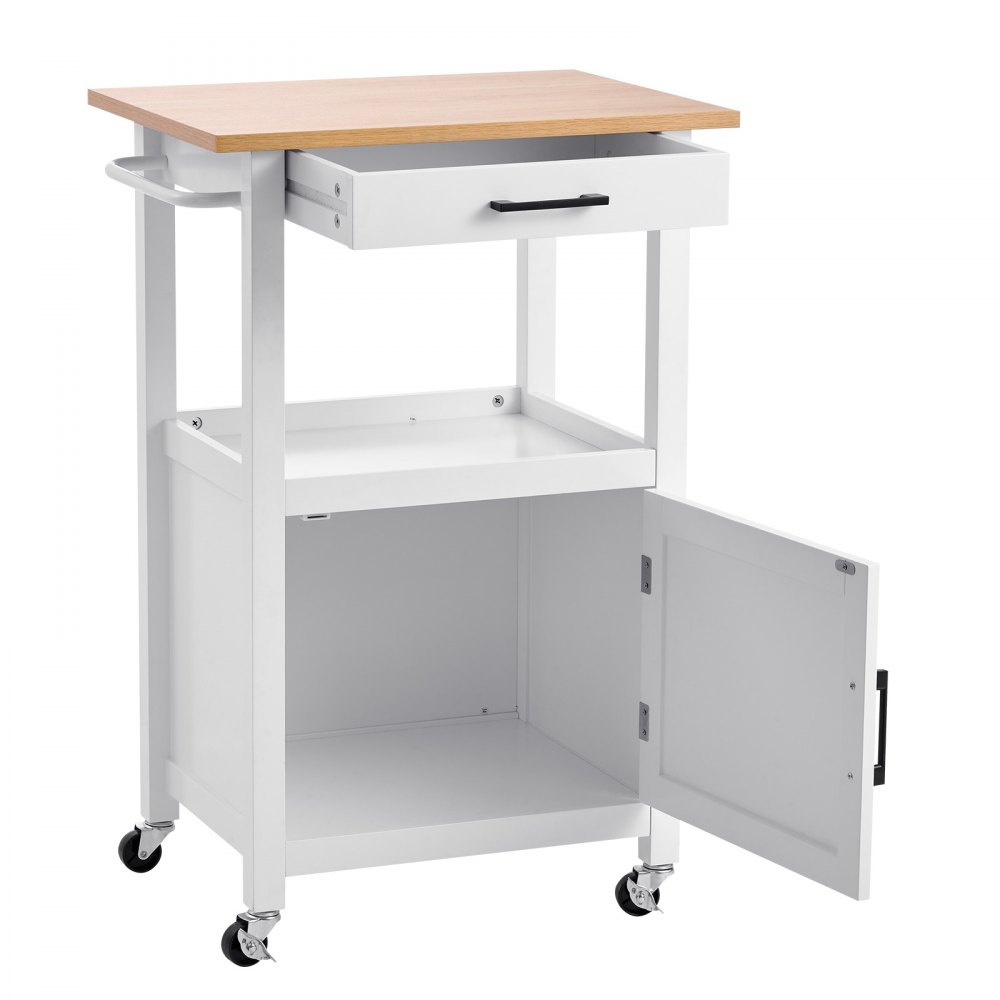 VEVOR Kitchen Island Cart with Single Door Cabinet, Mobile Carts with Drawer, Towel Rack, Hooks, Portable Table on Swivel Wheels, Small Coffee Islands Microwave Stand for Dining Room, 45x59cm, White