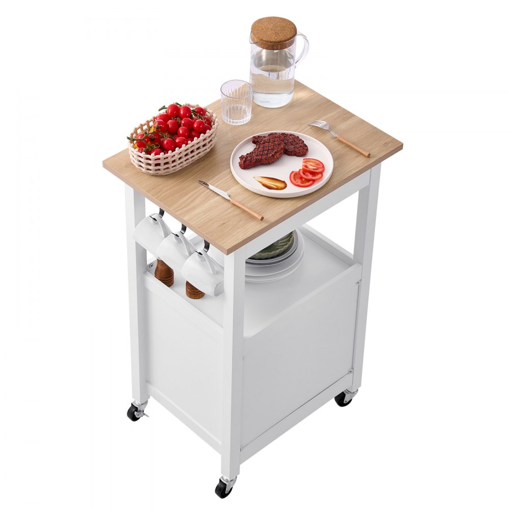 VEVOR Kitchen Island Cart with Single Door Cabinet, Mobile Carts with Drawer, Towel Rack, Hooks, Portable Table on Swivel Wheels, Small Coffee Islands Microwave Stand for Dining Room, 45x59cm, White