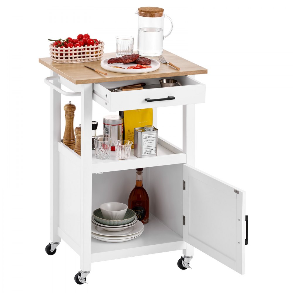VEVOR Kitchen Island Cart with Single Door Cabinet, Mobile Carts with Drawer, Towel Rack, Hooks, Portable Table on Swivel Wheels, Small Coffee Islands Microwave Stand for Dining Room, 45x59cm, White