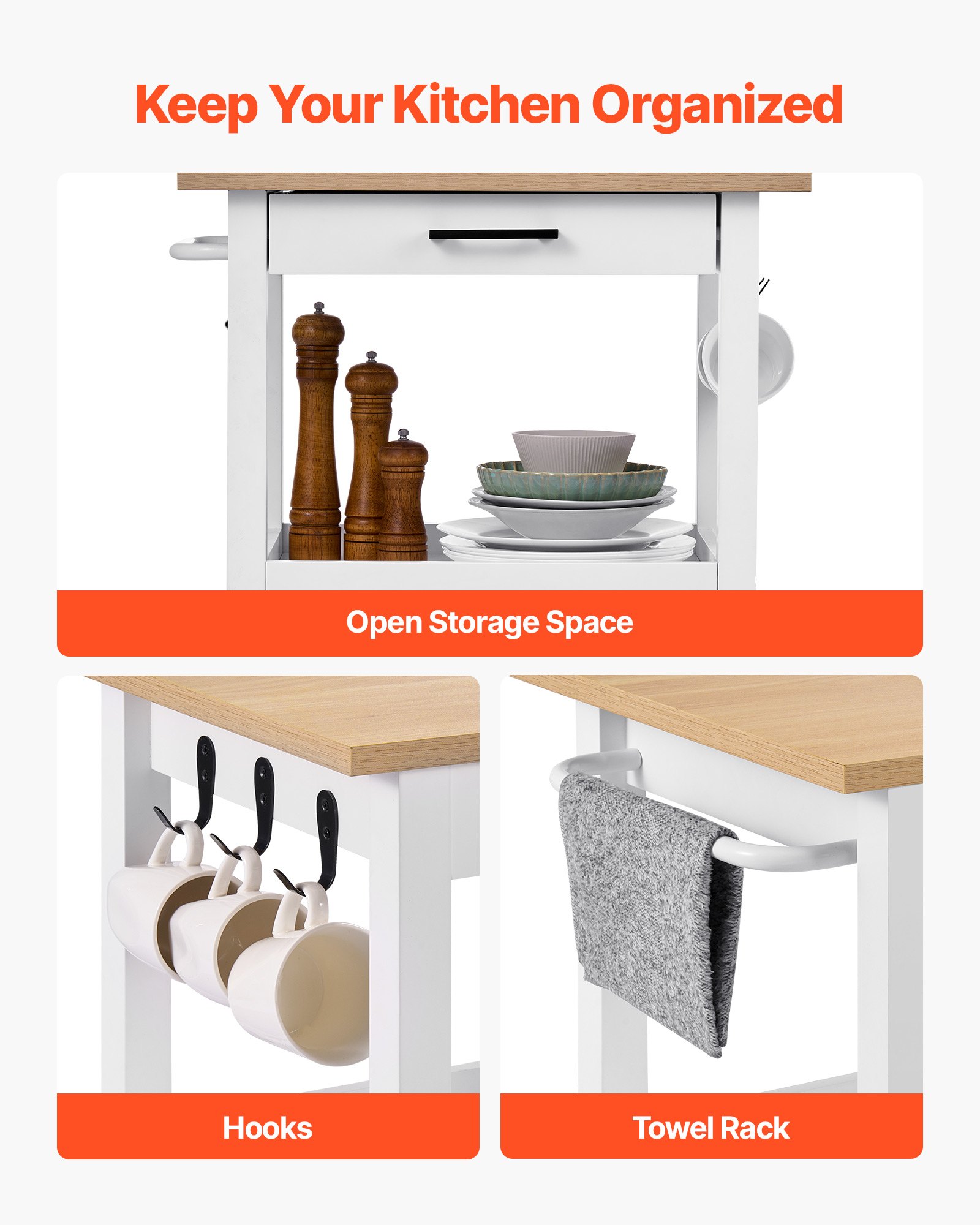 VEVOR Kitchen Island Cart with Single Door Cabinet, Mobile Carts with Drawer, Towel Rack, Hooks, Portable Table on Swivel Wheels, Small Coffee Islands Microwave Stand for Dining Room, 45x59cm, White