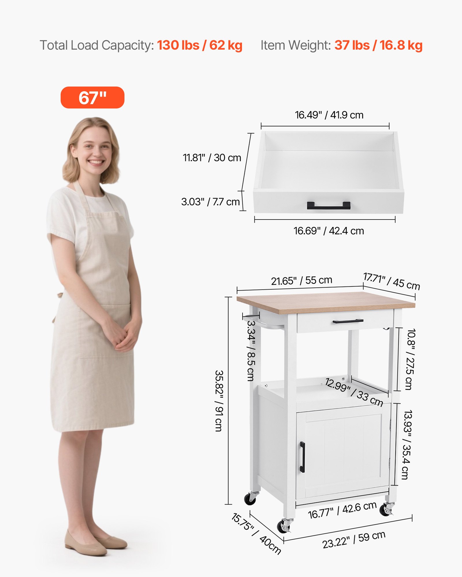 VEVOR Kitchen Island Cart with Single Door Cabinet, Mobile Carts with Drawer, Towel Rack, Hooks, Portable Table on Swivel Wheels, Small Coffee Islands Microwave Stand for Dining Room, 45x59cm, White