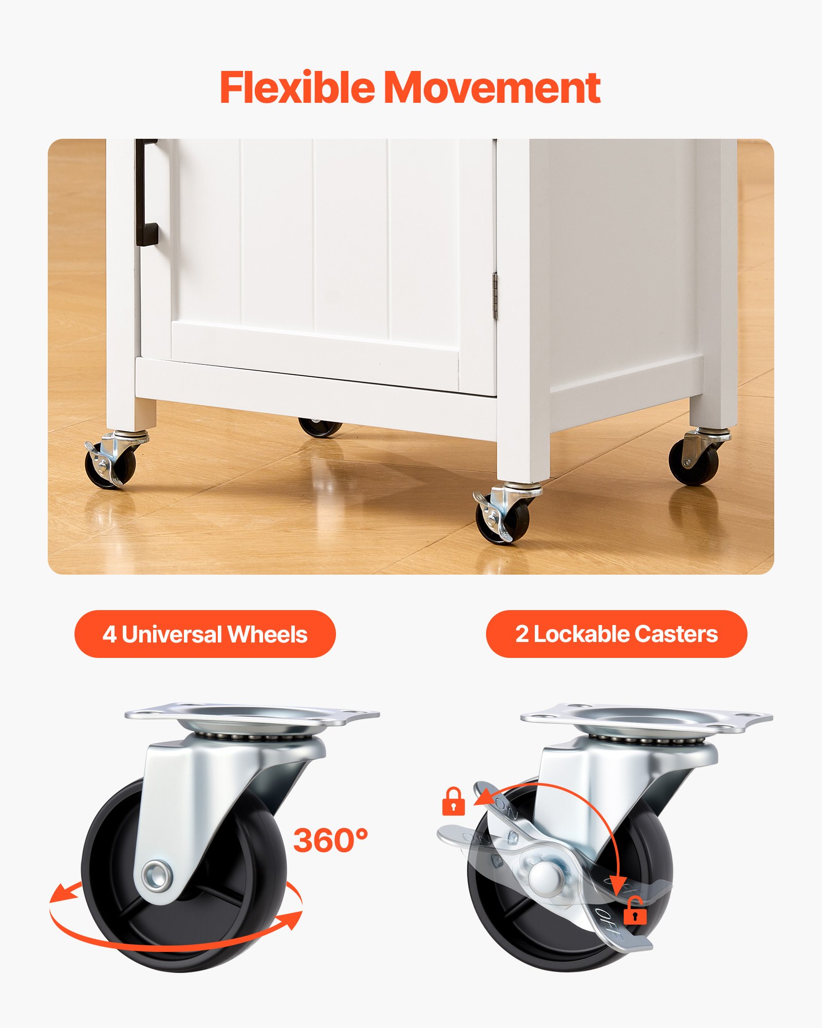VEVOR Kitchen Island Cart with Single Door Cabinet, Mobile Carts with Drawer, Towel Rack, Hooks, Portable Table on Swivel Wheels, Small Coffee Islands Microwave Stand for Dining Room, 45x59cm, White
