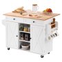 VEVOR Kitchen Island Cart, with Solid Wood Top and Storage Cabinet, Mobile Rolling Table with Drop Leaf, Drawers, Spice Towel Rack, Portable Islands on Swivel Wheels for Dining Room, 132cm Width, White