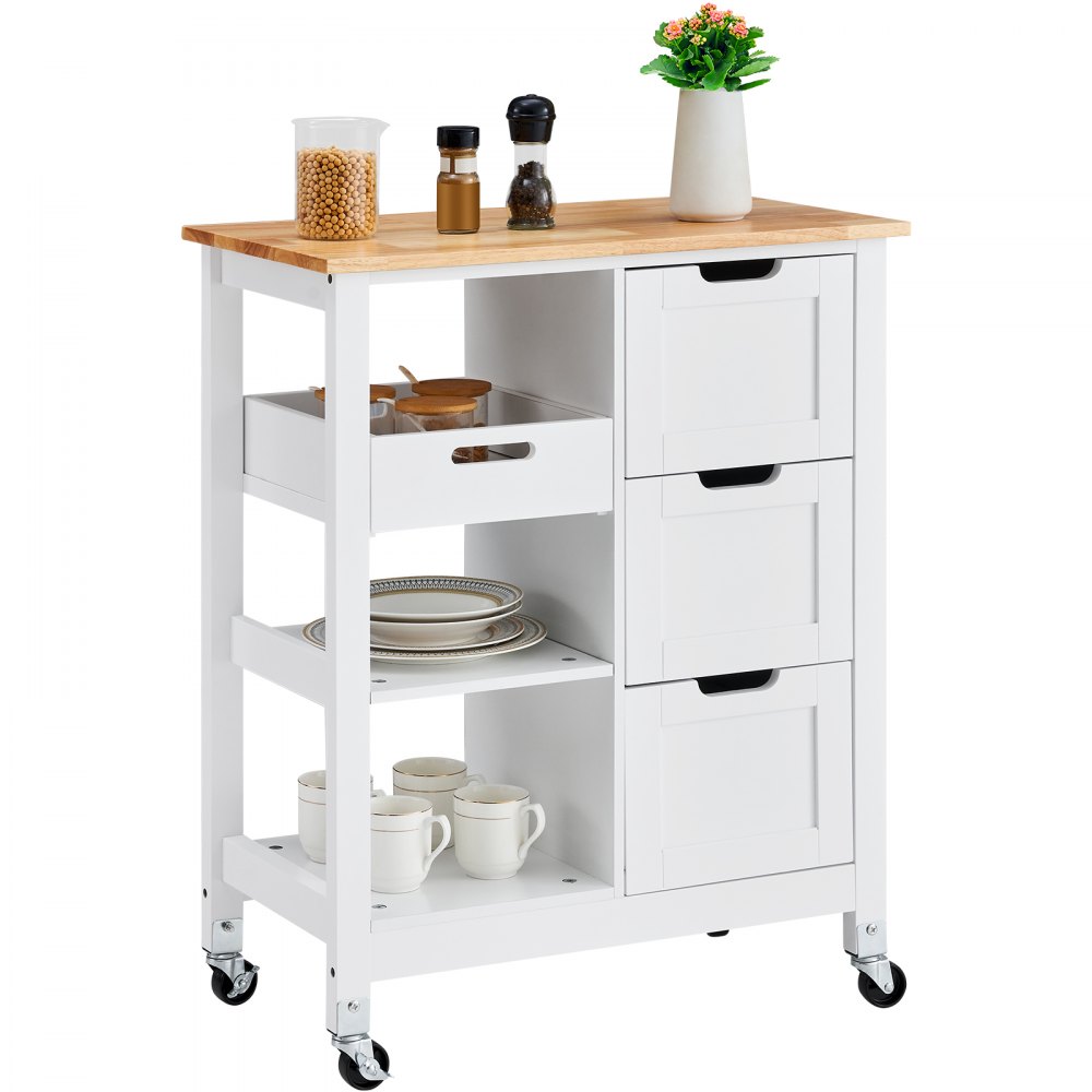 VEVOR kitchen island cart with white frame, wooden countertop, storage shelves, and drawers.