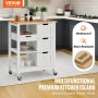 VEVOR kitchen island cart in white with wooden top, three drawers, shelves, and kitchen accessories.